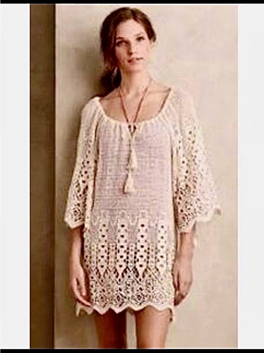 Eberjey Cream Crochet Tunic with Tassel Tie